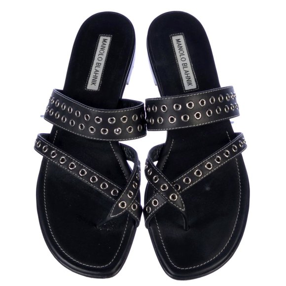 Manolo Blahnik Studded Black Leather Studded SUSA Slides *Runs SUPER Small* - Picture 1 of 6